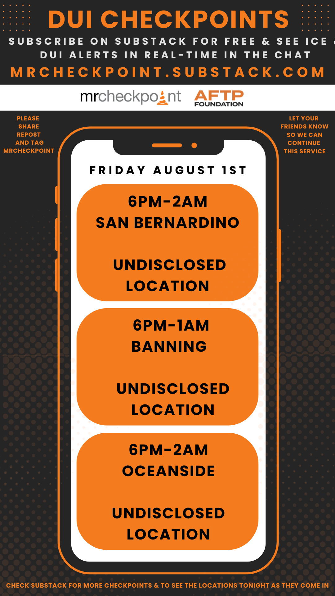 DUI Checkpoints Friday august 1