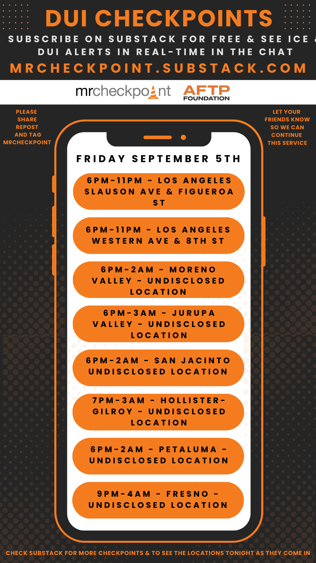 dui checkpoints friday September 5th