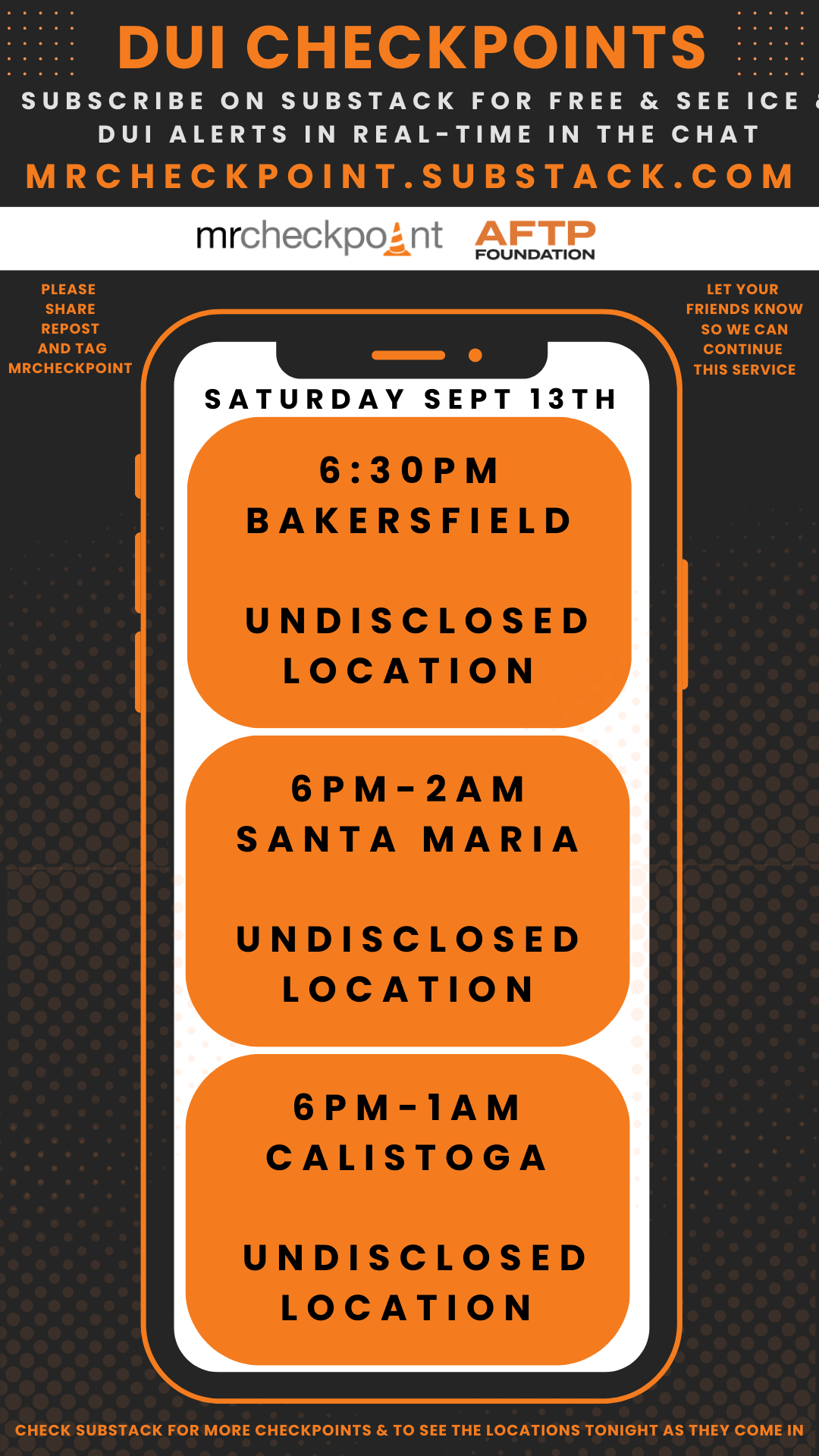 dui checkpoints saturday september 13 2025