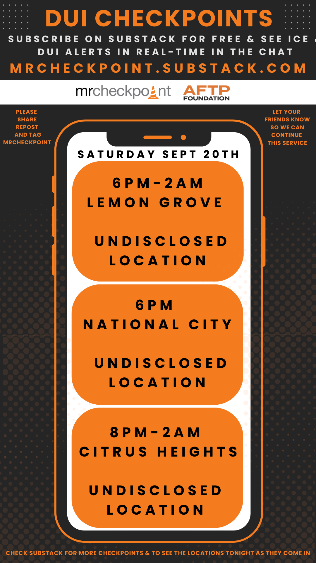 dui checkpoints saturday september 20th