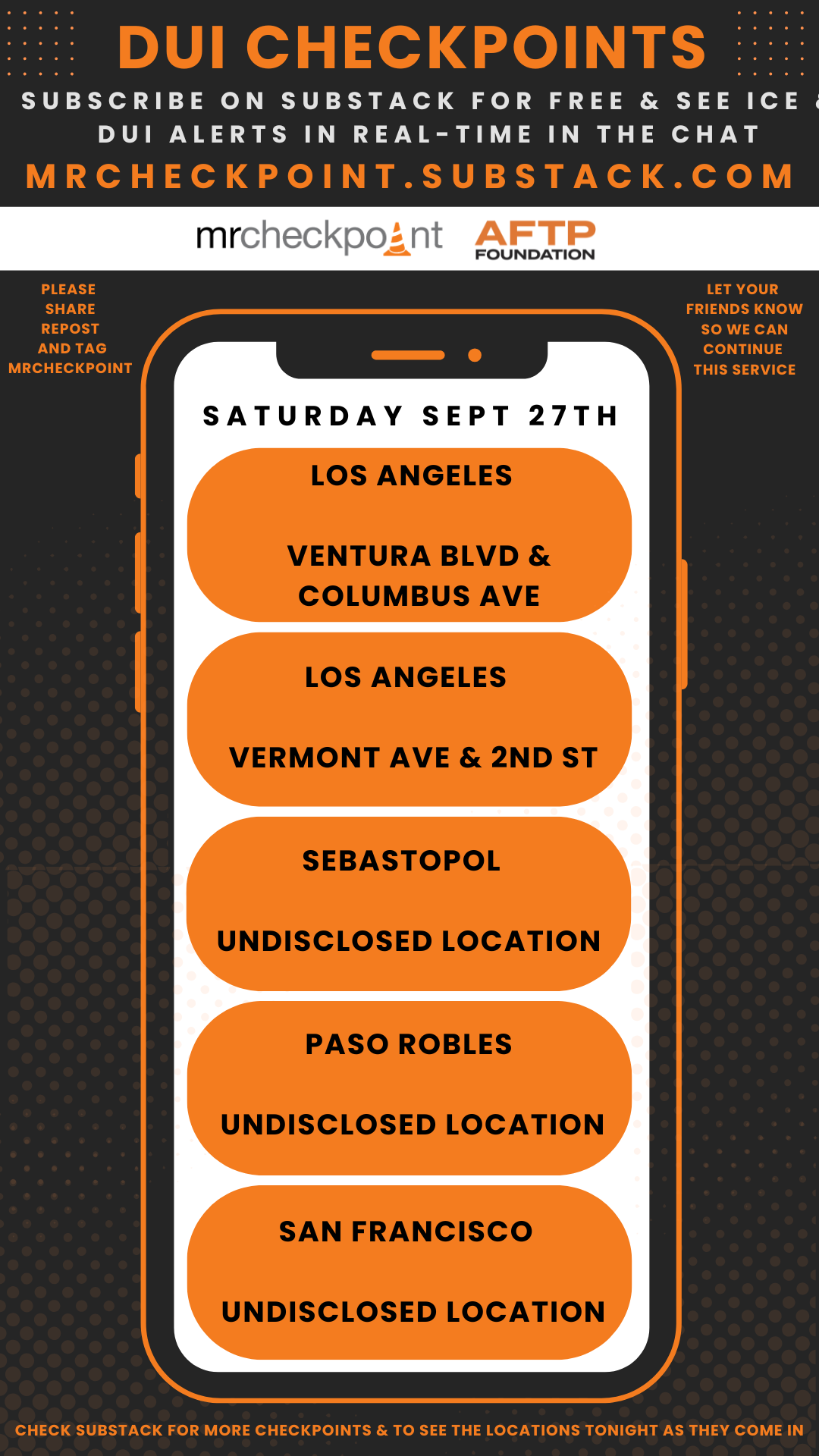 dui checkpoints saturday september 27