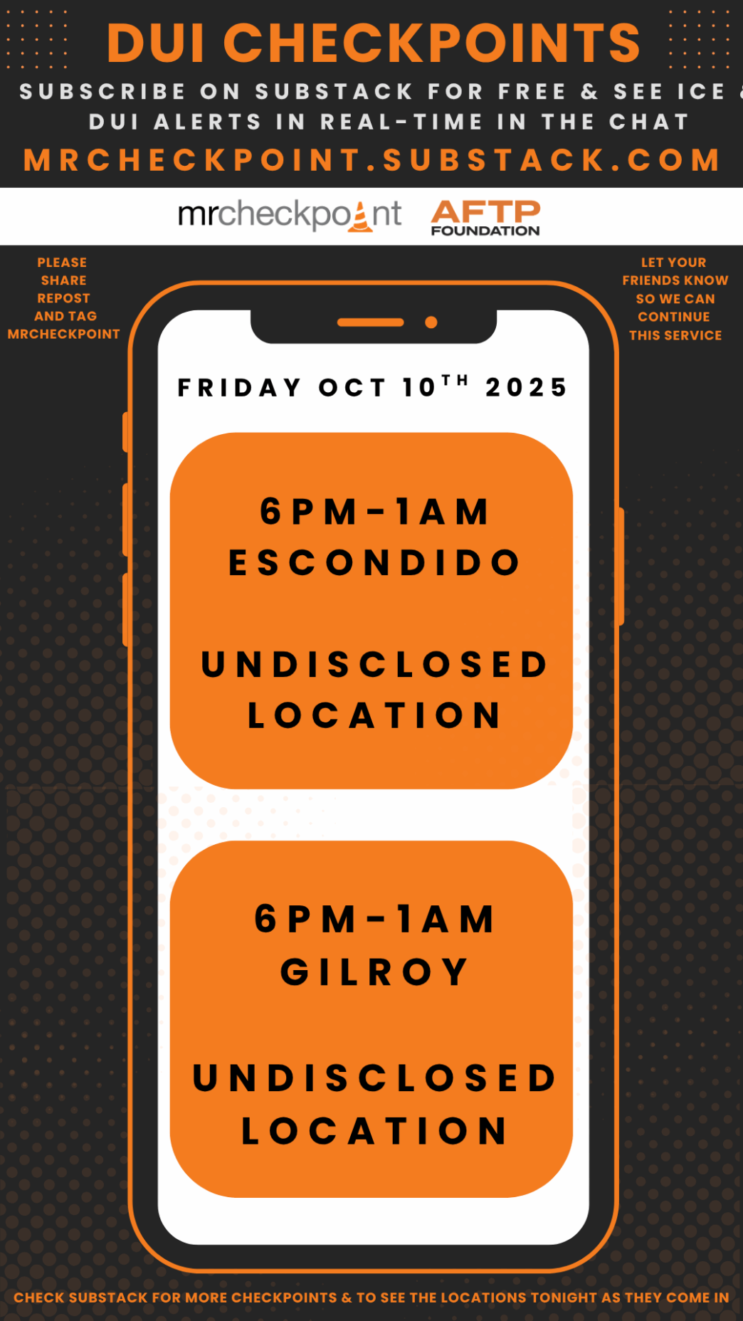 DUI checkpoints friday october 10th 2025