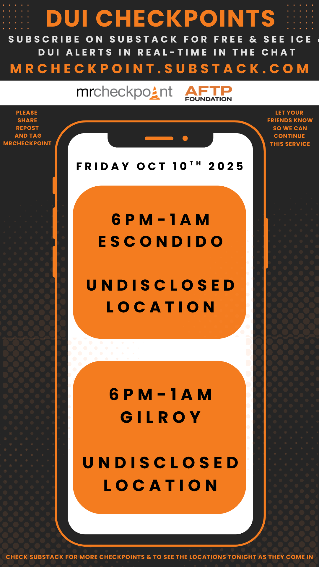 DUI checkpoints friday october 10th 2025