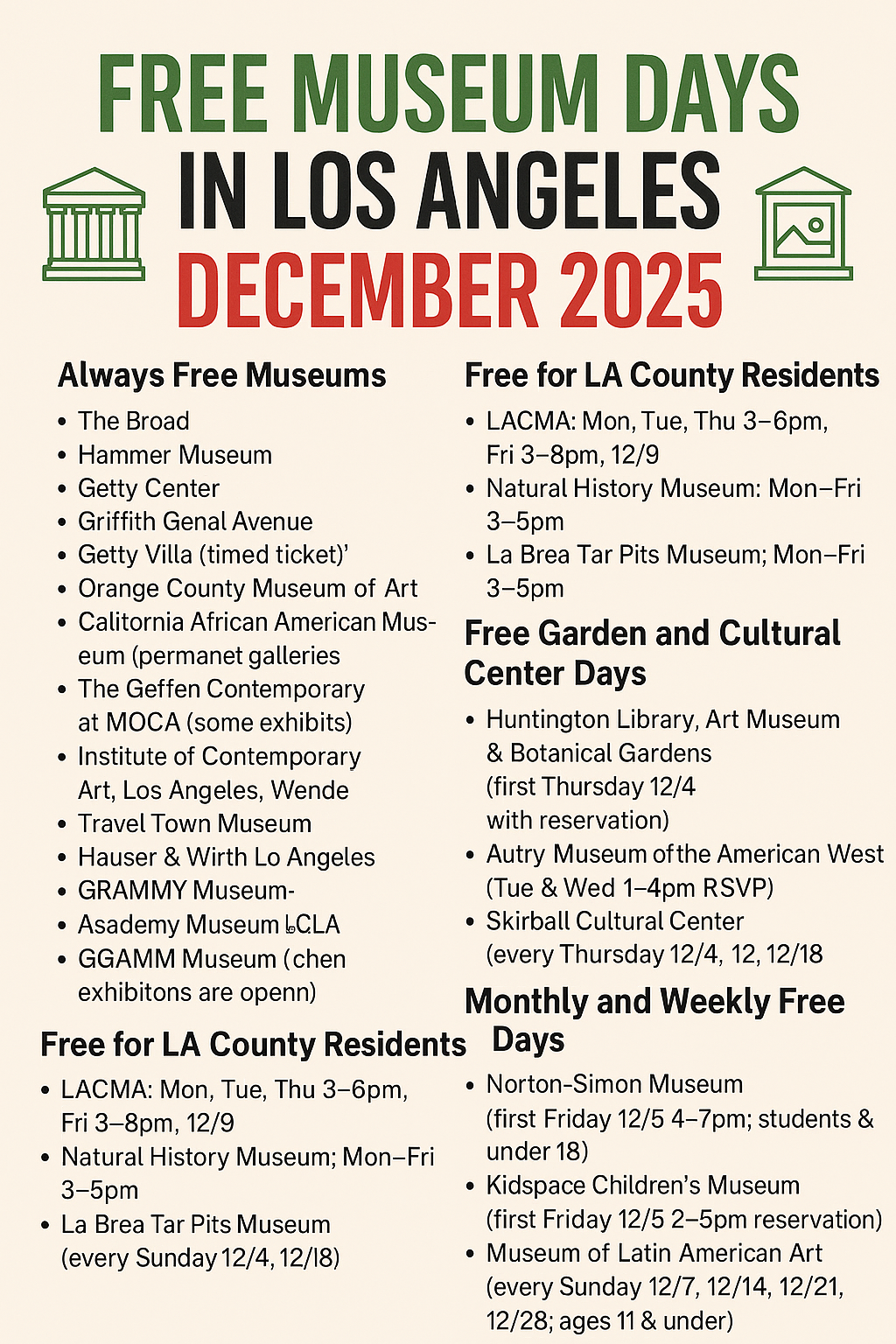 Free Museum Days LA December 2025 flyer listing free admission dates across Los Angeles museums.