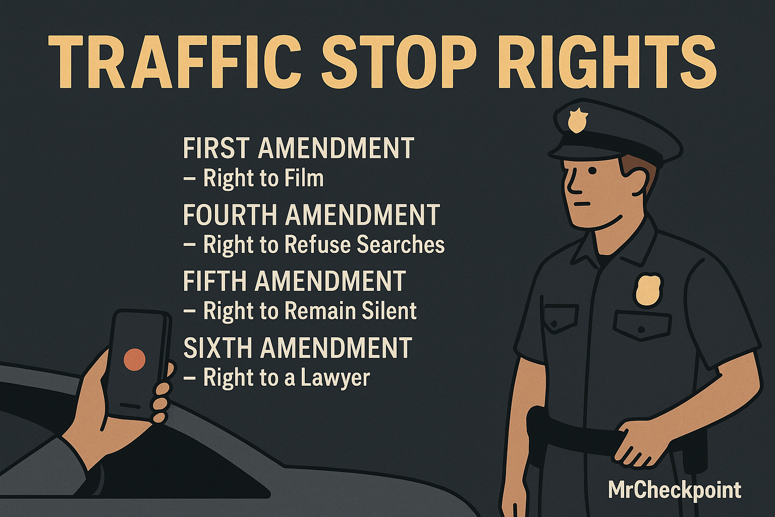 Illustration of a driver recording a police officer during a traffic stop with a list of constitutional rights including the First Amendment right to film, Fourth Amendment right to refuse searches, Fifth Amendment right to remain silent, and Sixth Amendment right to a lawyer, created for MrCheckpoint.