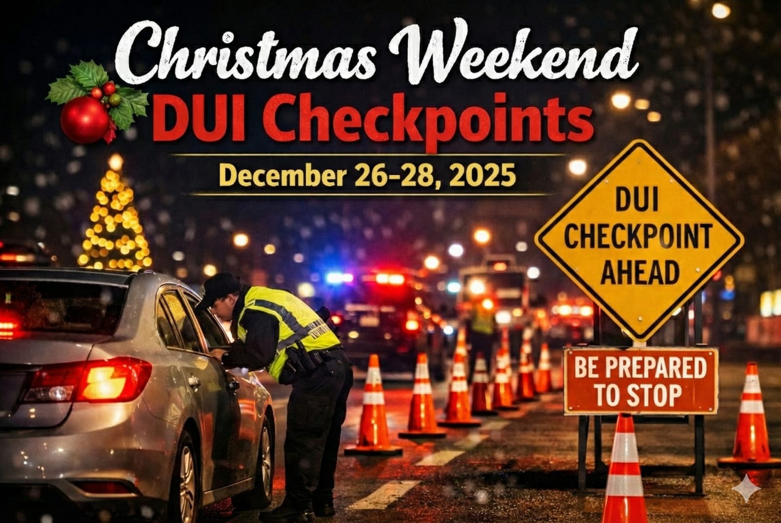 Police officer conducting a DUI sobriety checkpoint during Christmas weekend with traffic cones and holiday lights in December 2025