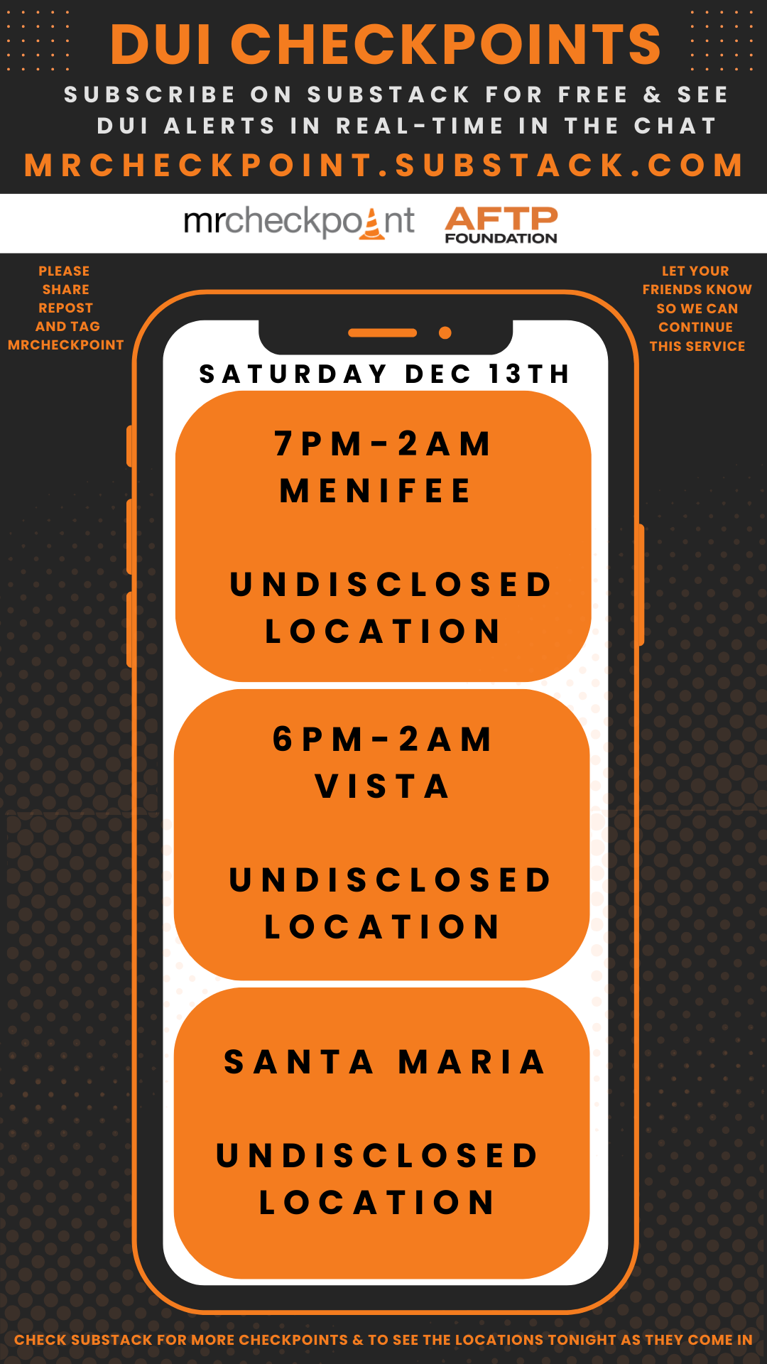 dui checkpoints saturday december 13th 2025